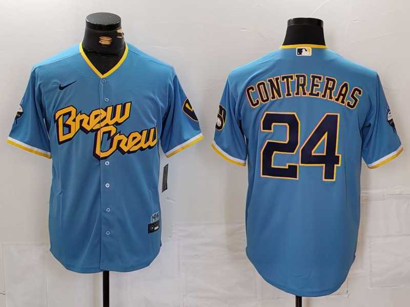 Mens Milwaukee Brewers #24 William Contreras Blue 2022 City Connect Cool Base Stitched Jersey